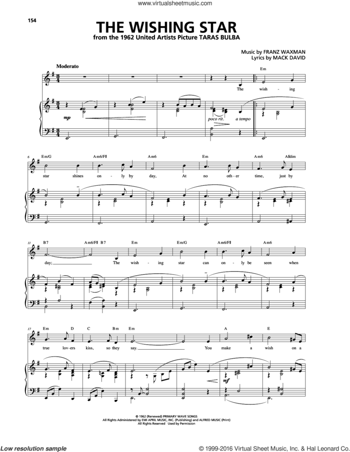 The Wishing Star sheet music for voice, piano or guitar by Franz Waxman, intermediate skill level