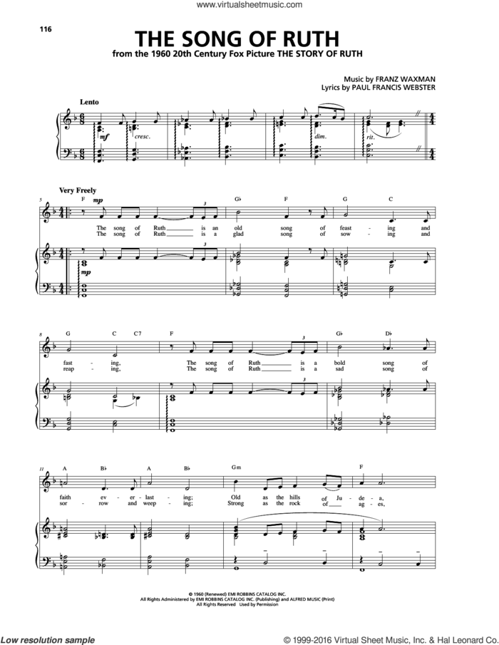 The Song Of Ruth sheet music for voice, piano or guitar by Franz Waxman and Paul Francis Webster, intermediate skill level