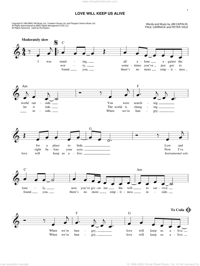 Love Will Keep Us Alive sheet music for voice and other instruments (fake book) by The Eagles, Jim Capaldi, Paul Carrack and Peter Vale, wedding score, intermediate skill level