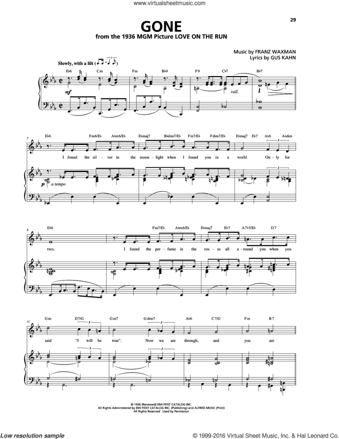 Gone sheet music for voice, piano or guitar by Franz Waxman and Gus Kahn, intermediate skill level