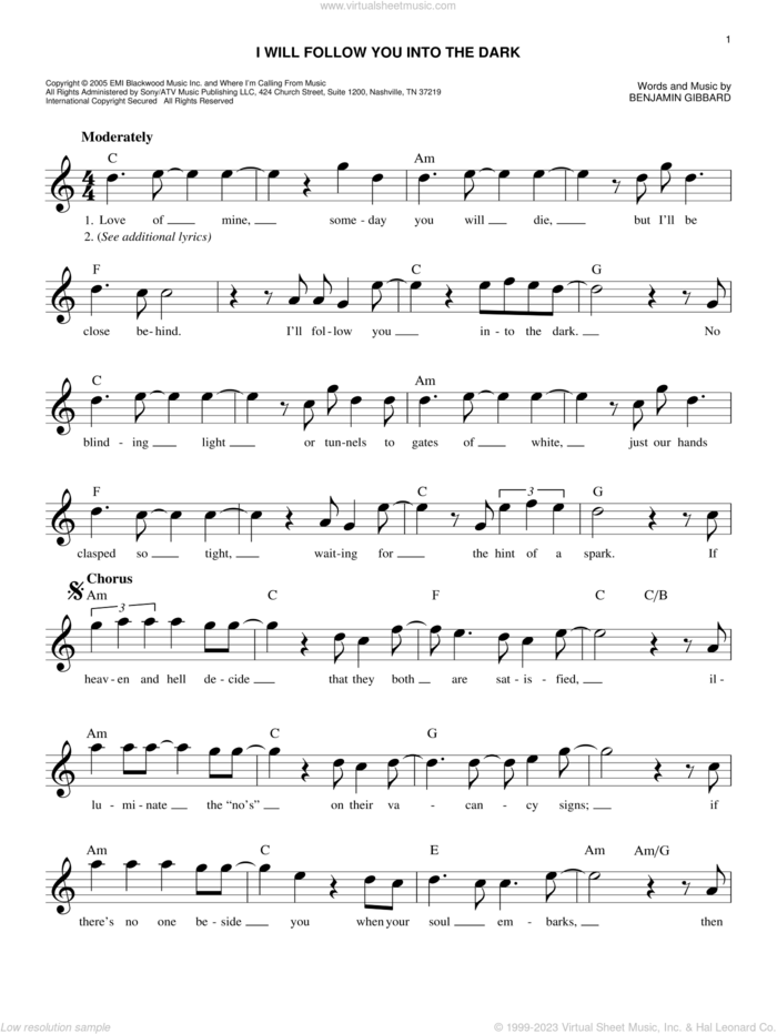 I Will Follow You Into The Dark sheet music for voice and other instruments (fake book) by Death Cab For Cutie and Benjamin Gibbard, easy skill level
