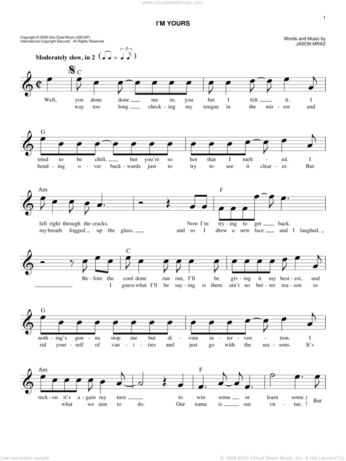 I'm Yours sheet music for voice and other instruments (fake book) by Jason Mraz, easy skill level