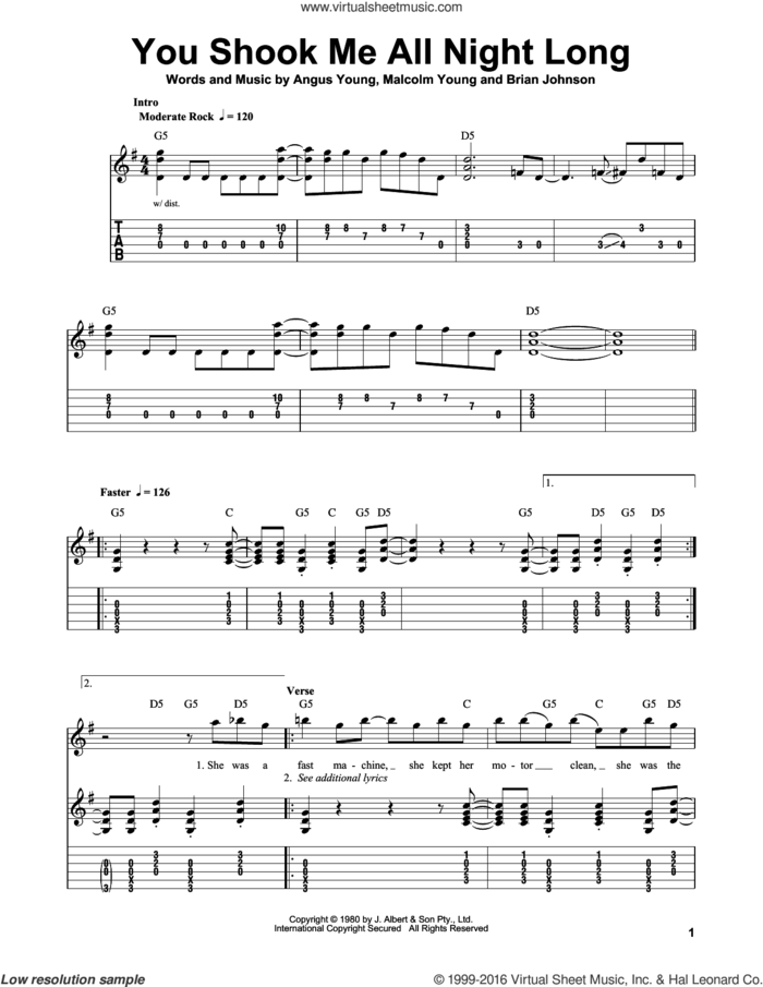 You Shook Me All Night Long sheet music for guitar solo (easy tablature) by AC/DC, Angus Young, Brian Johnson and Malcolm Young, easy guitar (easy tablature)