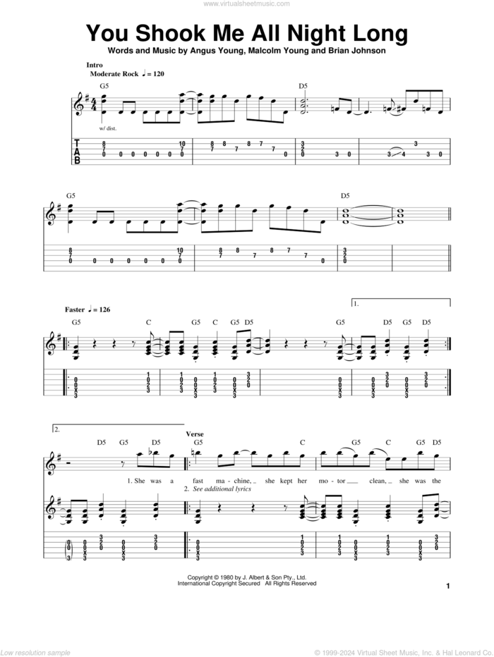 You Shook Me All Night Long sheet music for guitar solo (easy tablature) by AC/DC, Angus Young, Brian Johnson and Malcolm Young, easy guitar (easy tablature)