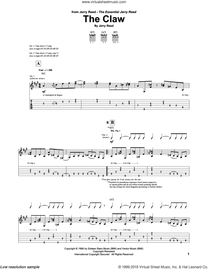 The Claw sheet music for guitar (tablature) by Jerry Reed, intermediate skill level