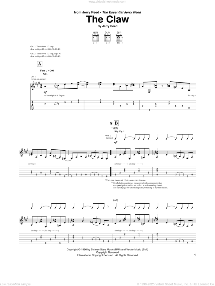 The Claw sheet music for guitar (tablature) by Jerry Reed, intermediate skill level