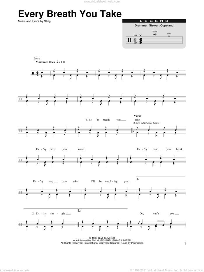 Every Breath You Take sheet music for drums by The Police and Sting, intermediate skill level