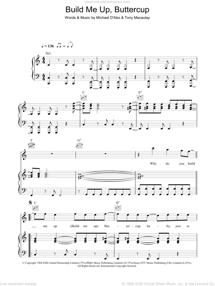 Build Me Up, Buttercup sheet music for voice, piano or guitar by The Foundations and Tony Macaulay, intermediate skill level