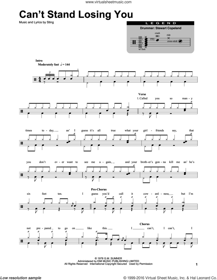Can't Stand Losing You sheet music for drums by The Police and Sting, intermediate skill level