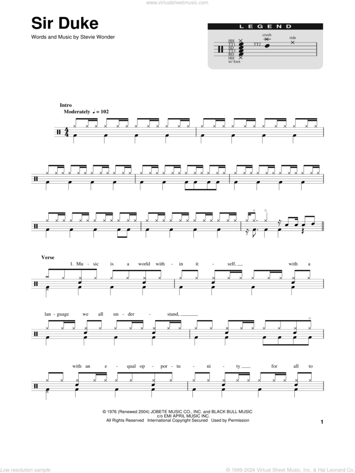 Sir Duke sheet music for drums by Stevie Wonder, intermediate skill level