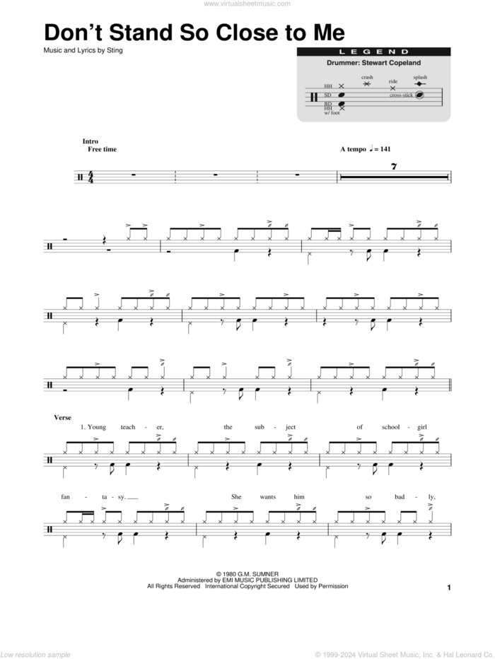 Don't Stand So Close To Me sheet music for drums by The Police and Sting, intermediate skill level