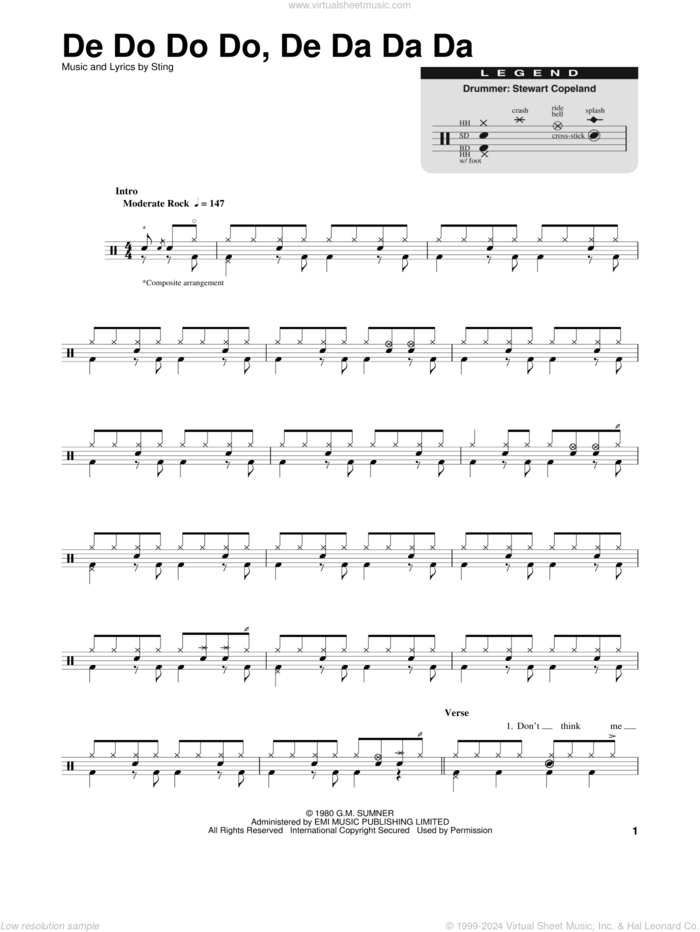 De Do Do Do, De Da Da Da sheet music for drums by The Police and Sting, intermediate skill level