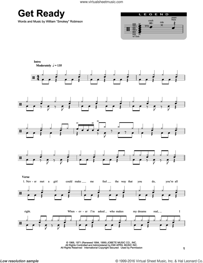 Get Ready sheet music for drums by Rare Earth, intermediate skill level