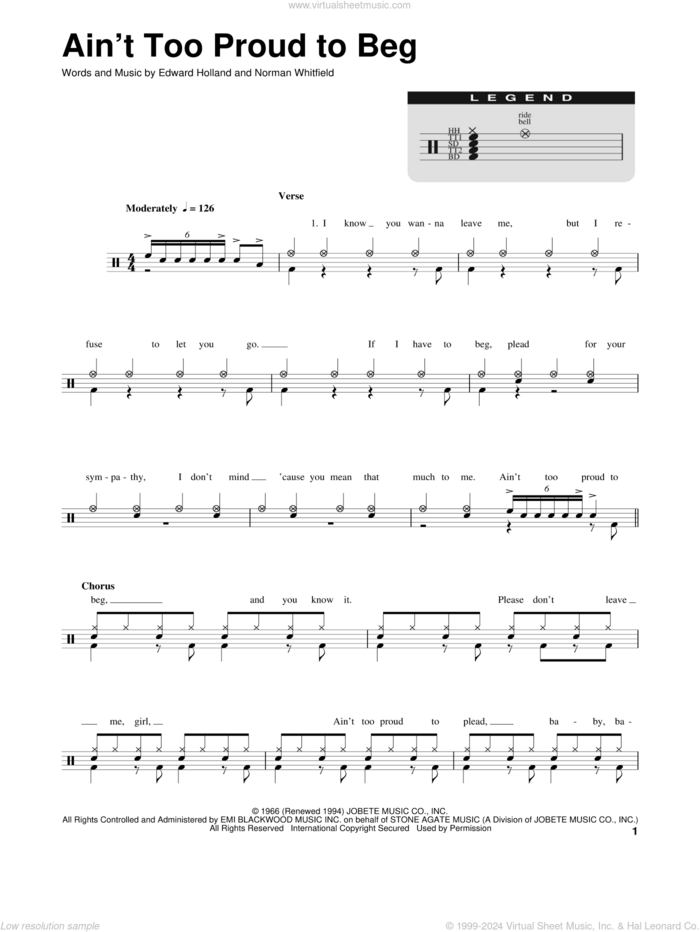 Ain't Too Proud To Beg sheet music for drums by The Temptations, The Rolling Stones, Edward Holland Jr. and Norman Whitfield, intermediate skill level