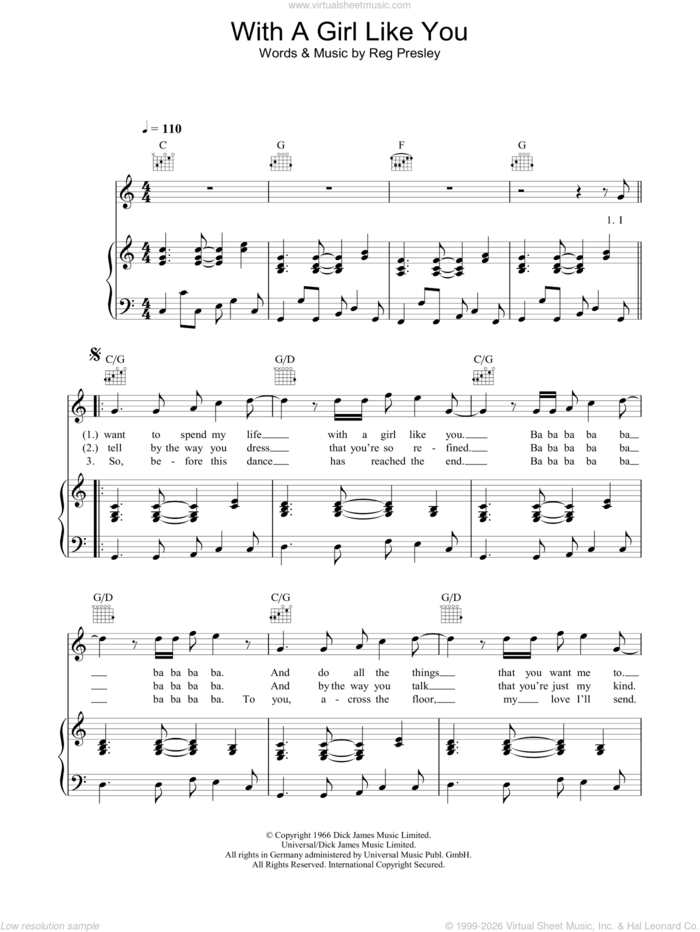 With A Girl Like You sheet music for voice, piano or guitar by The Troggs and Reg Presley, intermediate skill level