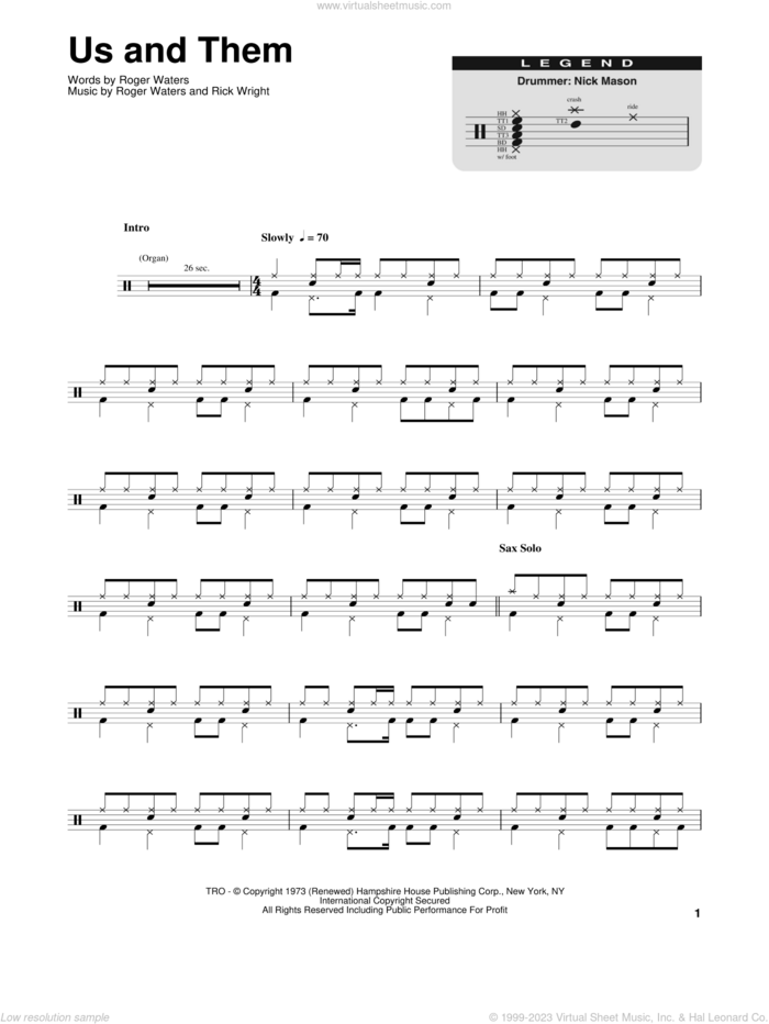Us And Them sheet music for drums by Pink Floyd, Richard Wright and Roger Waters, intermediate skill level