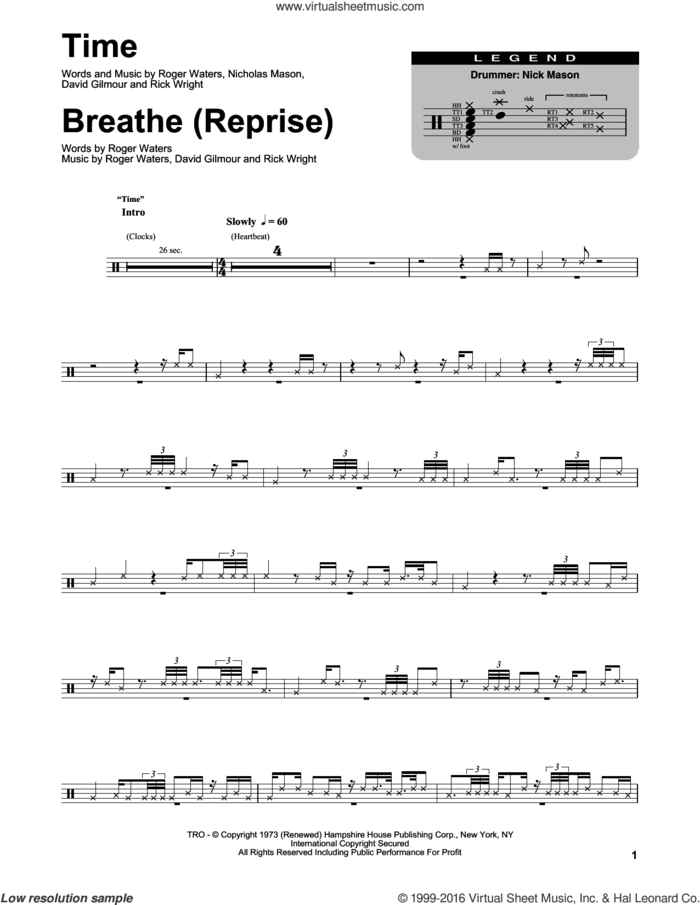 Time sheet music for drums by Pink Floyd, David Gilmour, Nicholas Mason, Richard Wright and Roger Waters, intermediate skill level