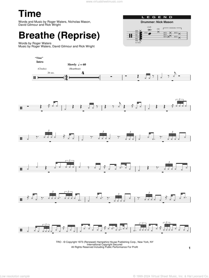 Time sheet music for drums by Pink Floyd, David Gilmour, Nicholas Mason, Richard Wright and Roger Waters, intermediate skill level