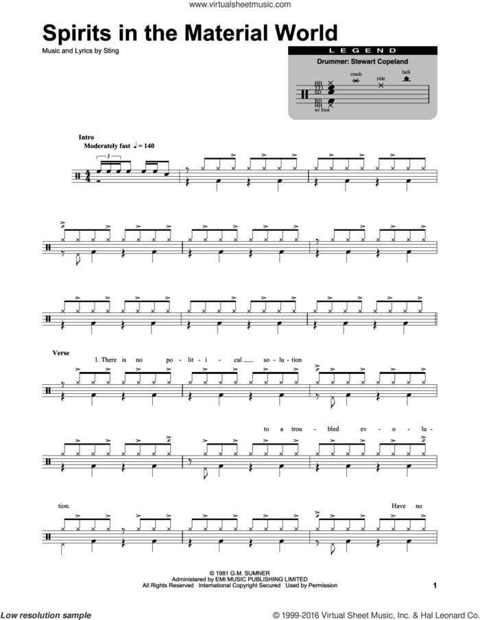 Spirits In The Material World sheet music for drums by The Police and Sting, intermediate skill level