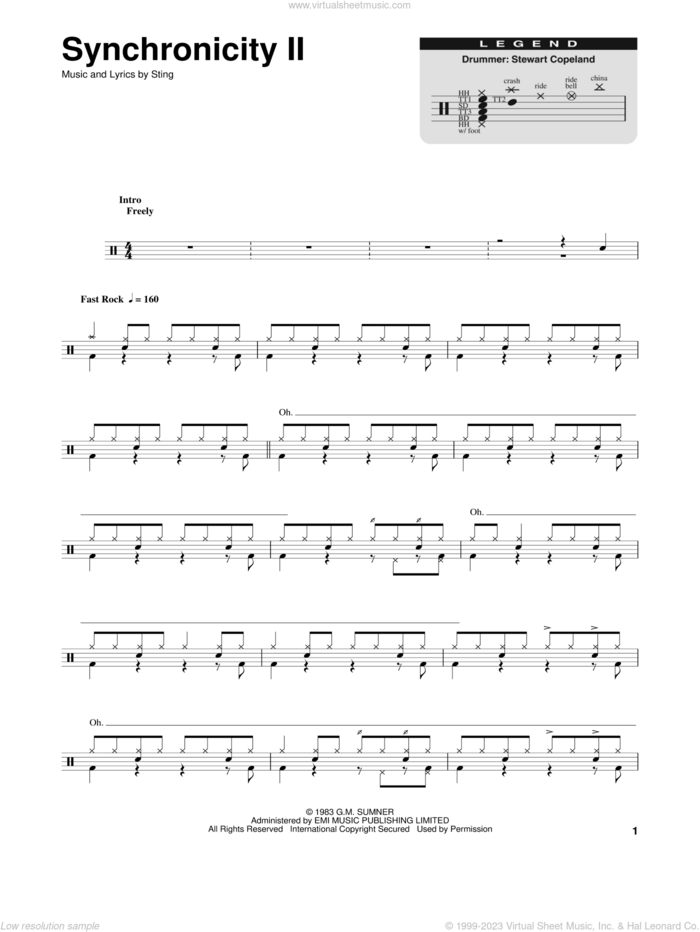 Synchronicity II sheet music for drums by The Police and Sting, intermediate skill level