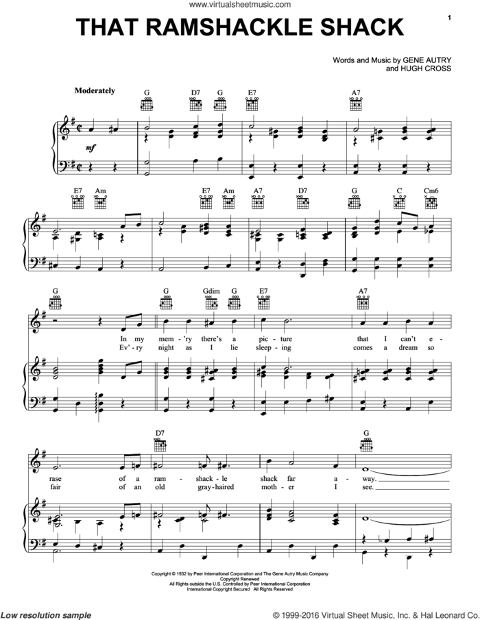 That Ramshackle Shack sheet music for voice, piano or guitar by Hugh Cross and Gene Autry, intermediate skill level