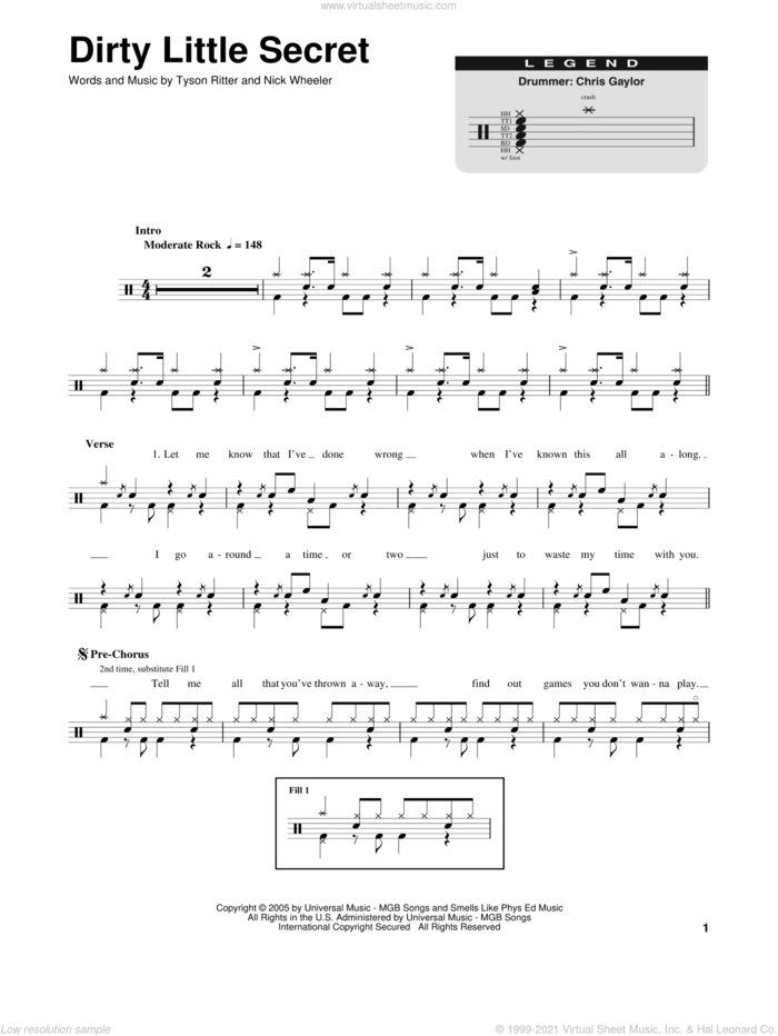 Dirty Little Secret sheet music for drums by The All-American Rejects, Nick Wheeler and Tyson Ritter, intermediate skill level
