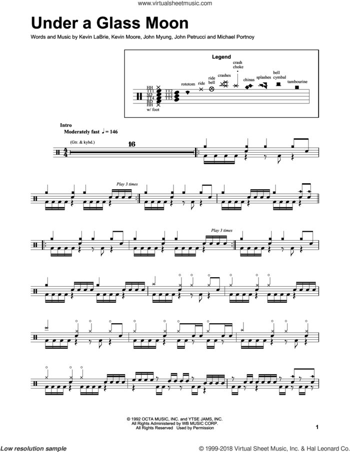 Under A Glass Moon sheet music for drums by Dream Theater, John Myung, John Petrucci, Kevin James Labrie, Kevin Moore and Michael Portnoy, intermediate skill level