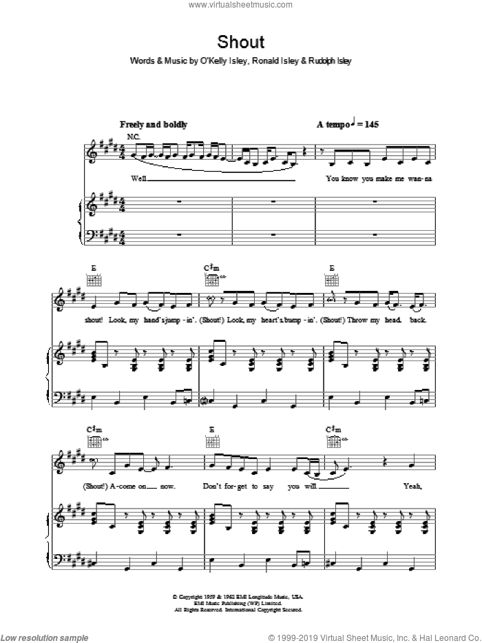 Shout sheet music for voice, piano or guitar by Lulu, O Kelly Isley, Ronald Isley and Rudolph Isley, intermediate skill level