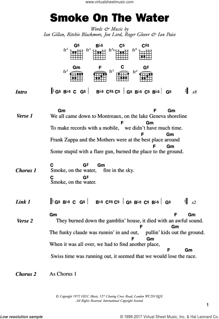 Smoke On The Water sheet music for guitar (chords) by Deep Purple, Ian Gillan, Ian Paice, Jon Lord, Ritchie Blackmore and Roger Glover, intermediate skill level