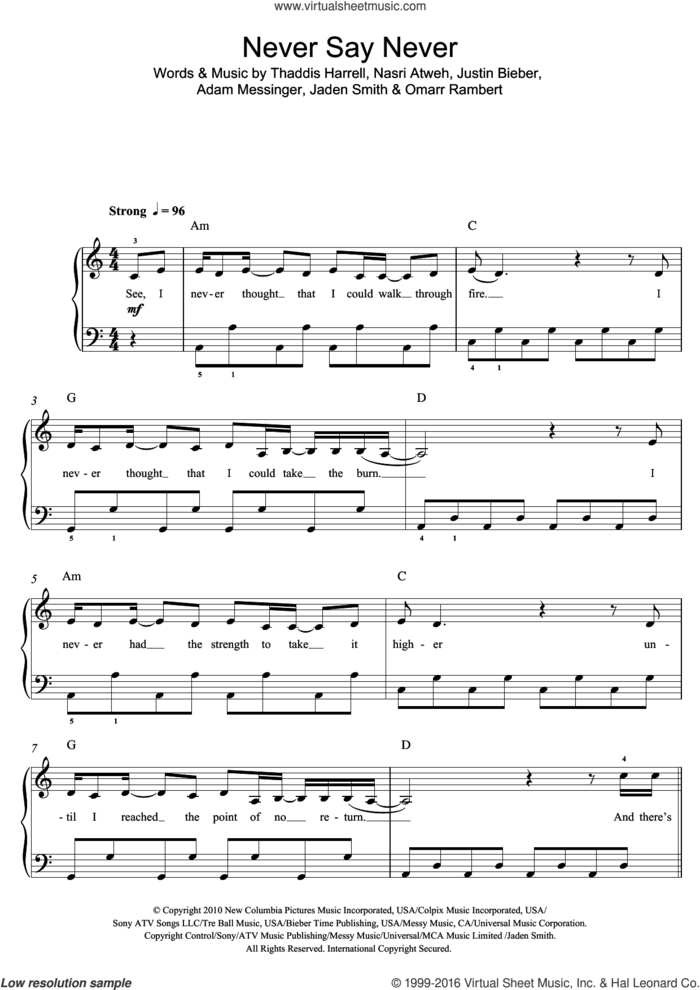 Never Say Never (featuring Jaden Smith) sheet music for voice, piano or guitar by Justin Bieber, Justin Bieber feat. Jaden Smith, Adam Messinger, Jaden Smith, Nasri Atweh, Omarr Rambert and Thaddis Harrell, intermediate skill level