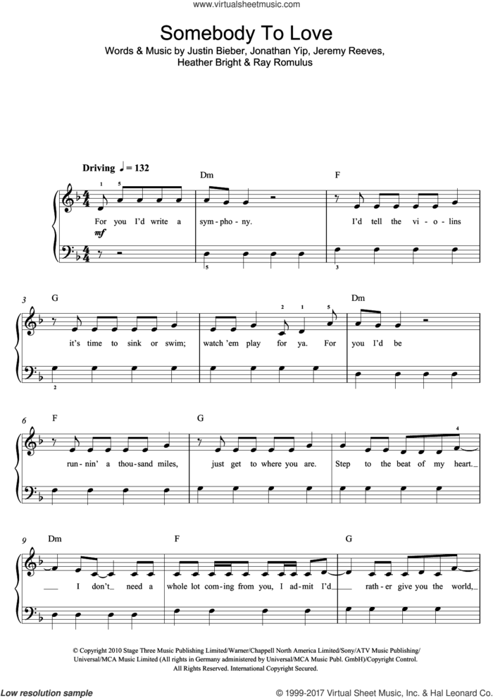 Somebody To Love sheet music for voice, piano or guitar by Justin Bieber, Heather Bright, Jeremy Reeves, Jonathan Yip and Ray Romulus, intermediate skill level