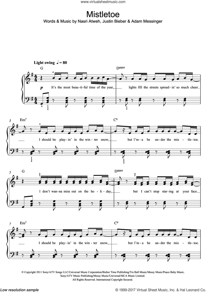 Mistletoe sheet music for piano solo (beginners) by Justin Bieber, Adam Messinger and Nasri Atweh, beginner piano (beginners)