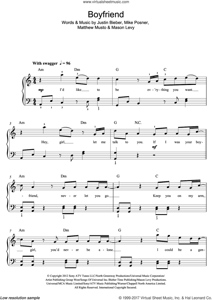 Boyfriend sheet music for piano solo (beginners) by Justin Bieber, Mason Levy, Matthew Musto and Mike Posner, beginner piano (beginners)