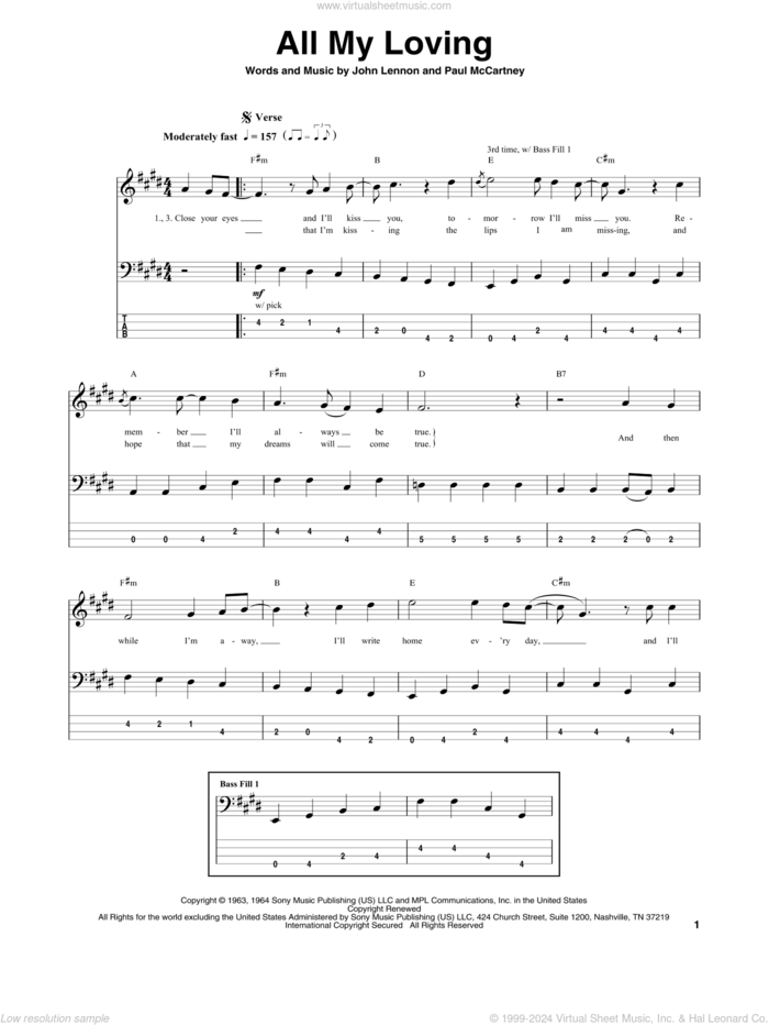 All My Loving sheet music for bass (tablature) (bass guitar) by The Beatles, John Lennon and Paul McCartney, intermediate skill level