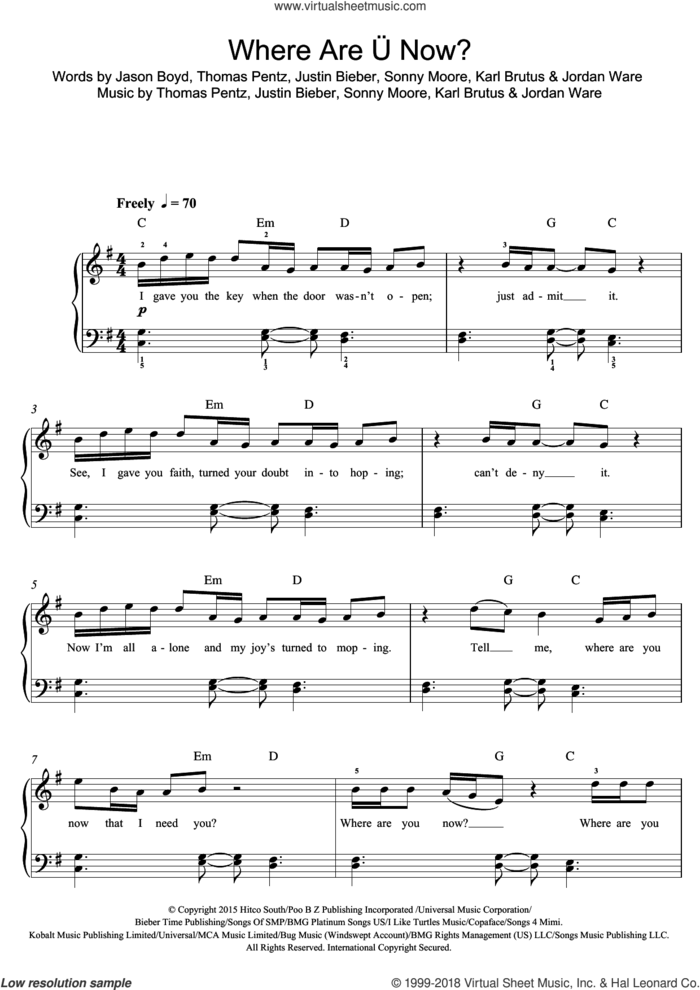 Where Are U Now (featuring Justin Bieber) sheet music for piano solo (beginners) by Skrillex, Diplo, Jack Ü, Jason Boyd, Jordan Ware, Justin Bieber, Karl Brutus, Sonny Moore and Thomas Wesley Pentz, beginner piano (beginners)