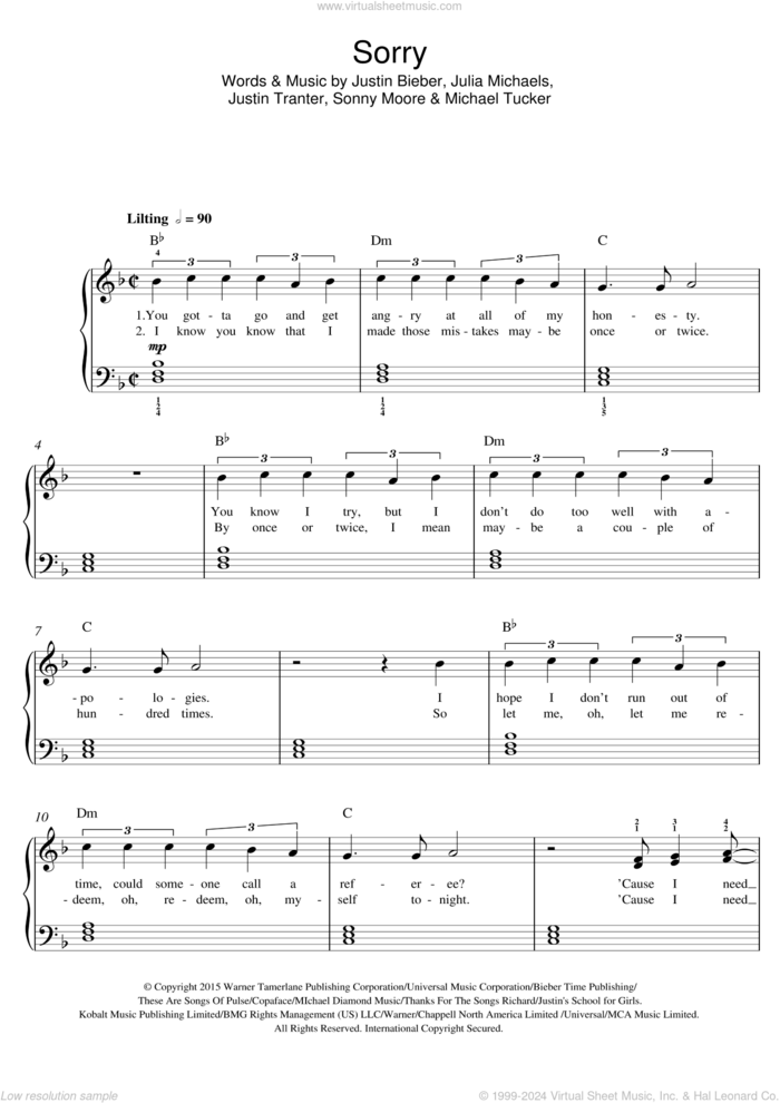Sorry sheet music for piano solo (beginners) by Justin Bieber, Julia Michaels, Justin Tranter, Michael Tucker and Sonny Moore, beginner piano (beginners)