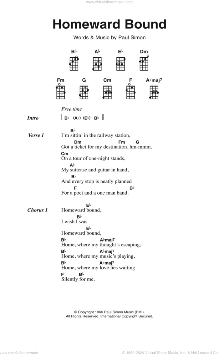 Homeward Bound sheet music for ukulele (chords) by Simon & Garfunkel and Paul Simon, intermediate skill level