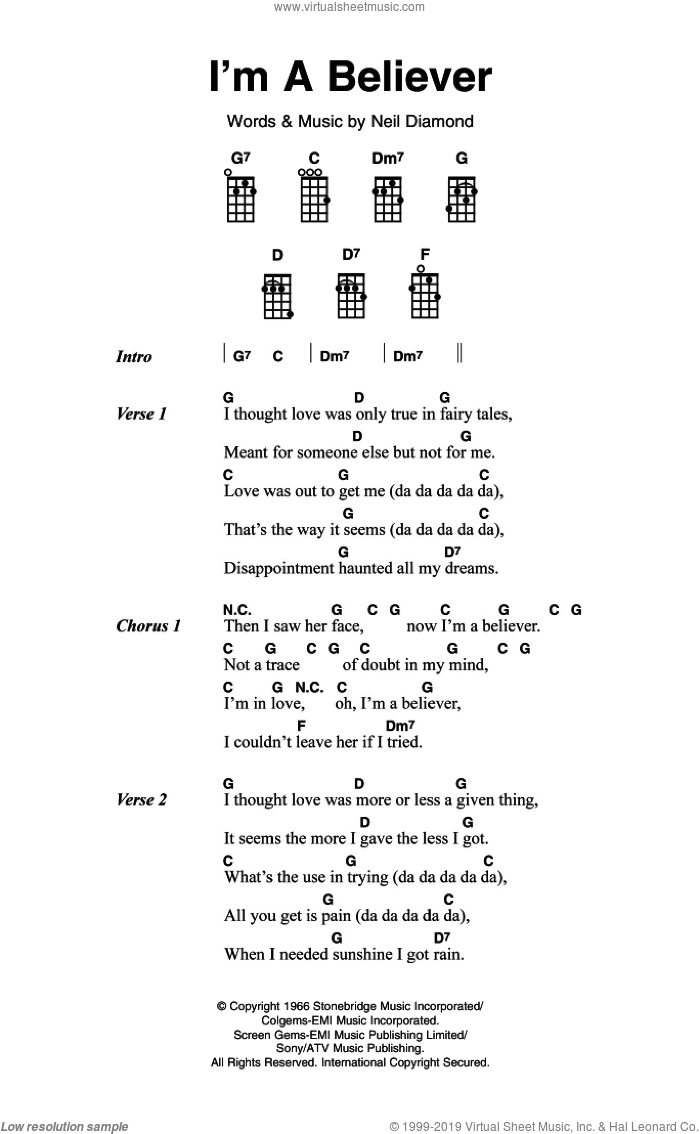 I'm A Believer sheet music for ukulele (chords) by The Monkees and Neil Diamond, intermediate skill level