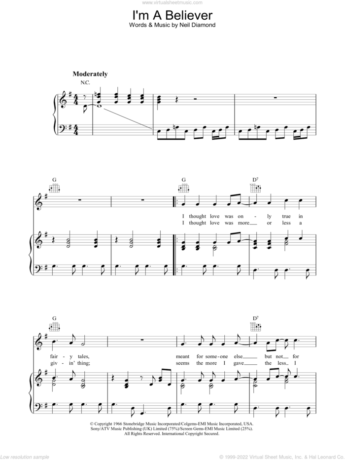 I'm A Believer sheet music for voice, piano or guitar by The Monkees and Neil Diamond, intermediate skill level