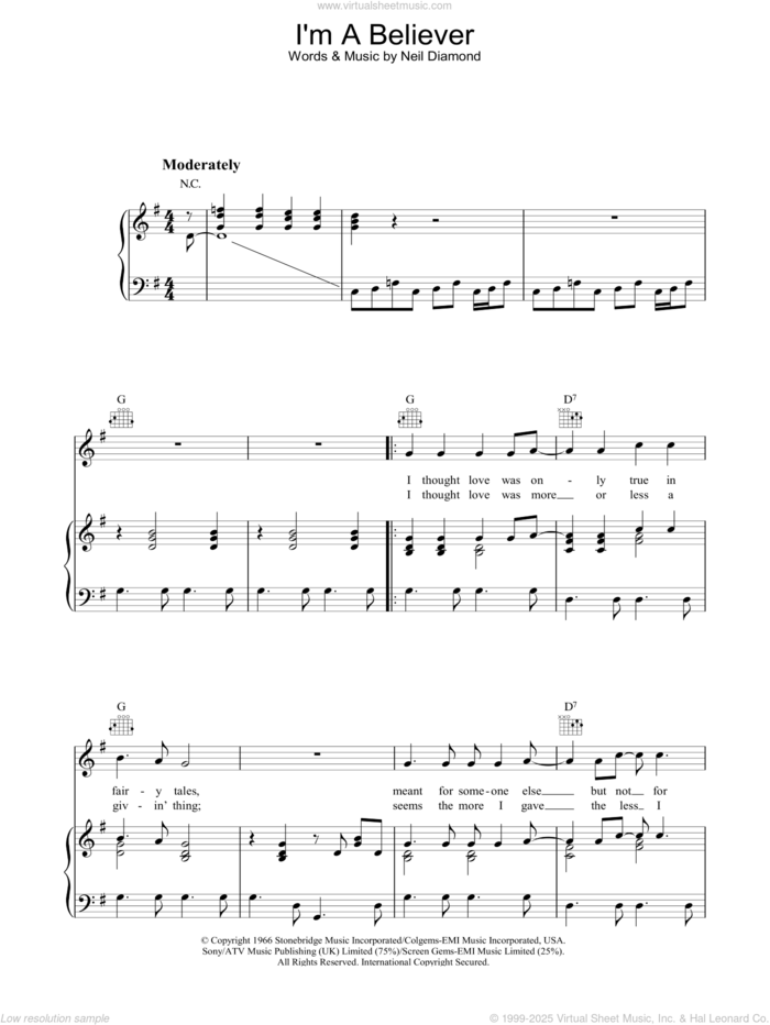 I'm A Believer sheet music for voice, piano or guitar by The Monkees and Neil Diamond, intermediate skill level