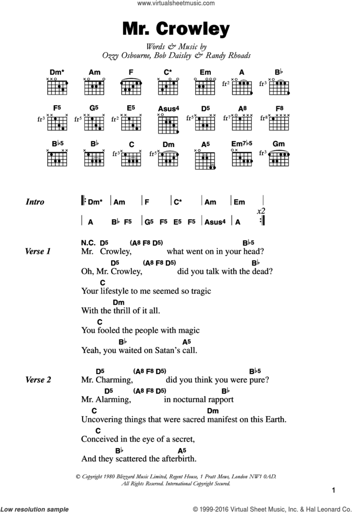Mr. Crowley sheet music for guitar (chords) by Ozzy Osbourne, Bob Daisley and Randy Rhoads, intermediate skill level