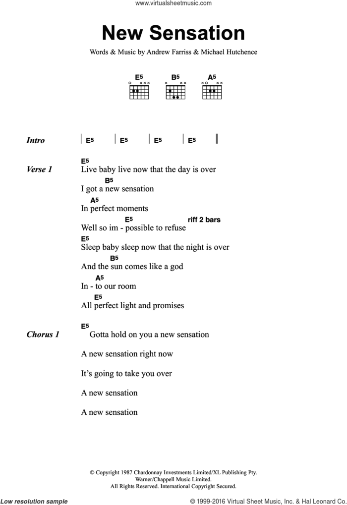 New Sensation sheet music for guitar (chords) by INXS, Andrew Farriss and Michael Hutchence, intermediate skill level