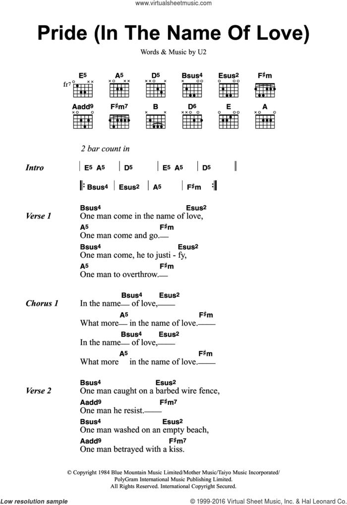 Pride (In The Name Of Love) sheet music for guitar (chords) by U2, intermediate skill level