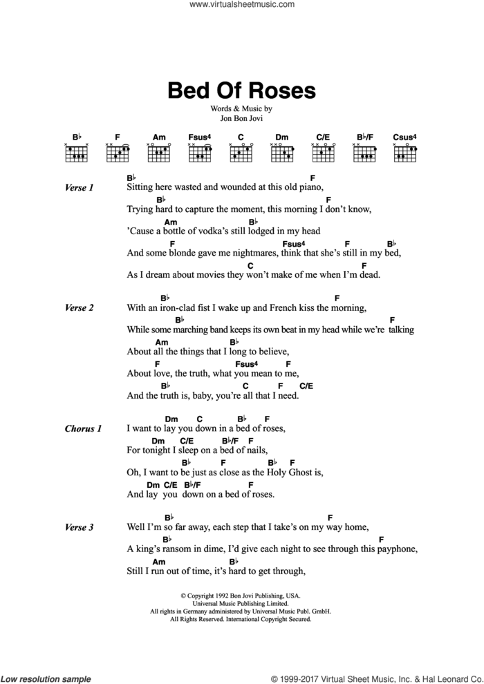 Bed Of Roses sheet music for guitar (chords) by Bon Jovi, intermediate skill level