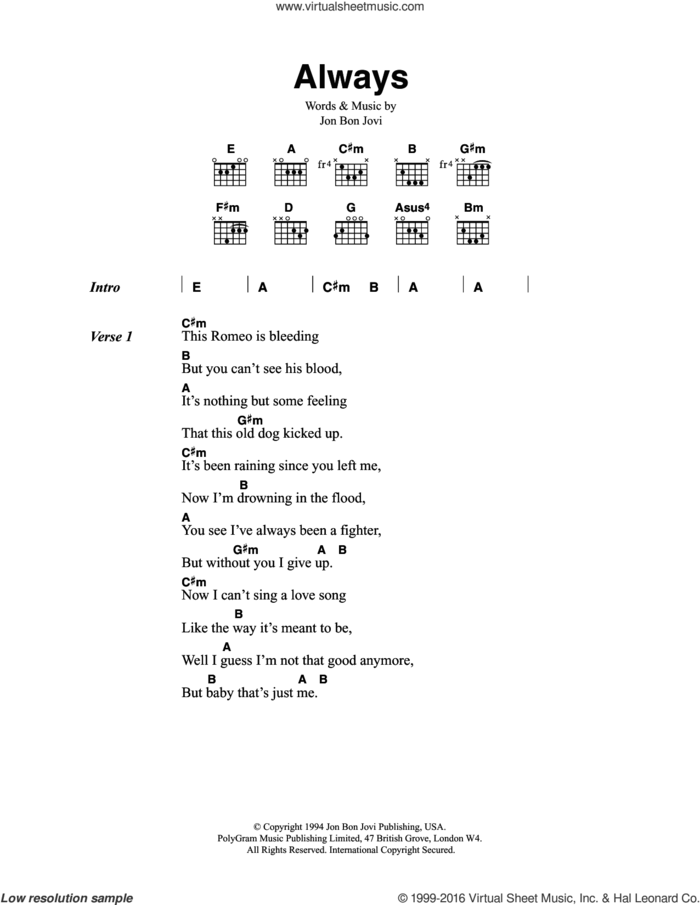 Always sheet music for guitar (chords) by Bon Jovi, intermediate skill level