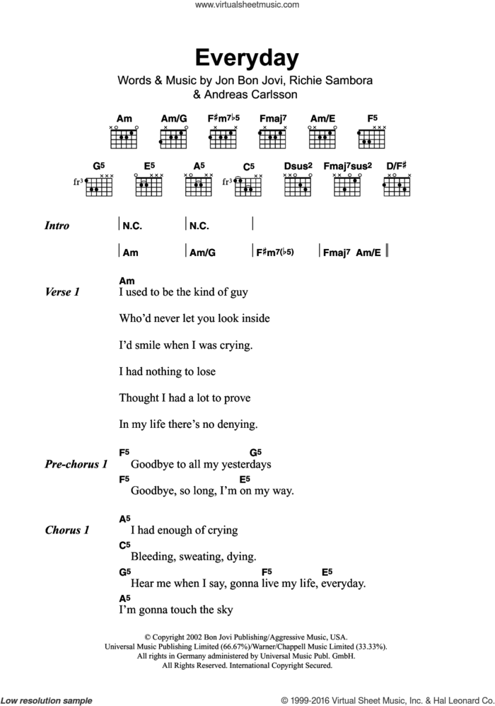 Everyday sheet music for guitar (chords) by Bon Jovi, Andreas Carlsson and Richie Sambora, intermediate skill level