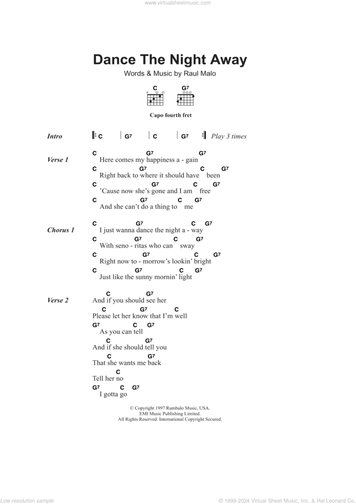 Dance The Night Away sheet music for guitar (chords) by The Mavericks and Raul Malo, intermediate skill level