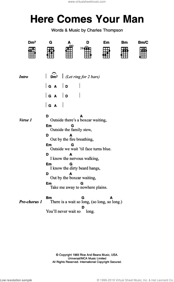 Here Comes Your Man sheet music for ukulele (chords) by The Pixies and Charles Thompson, intermediate skill level