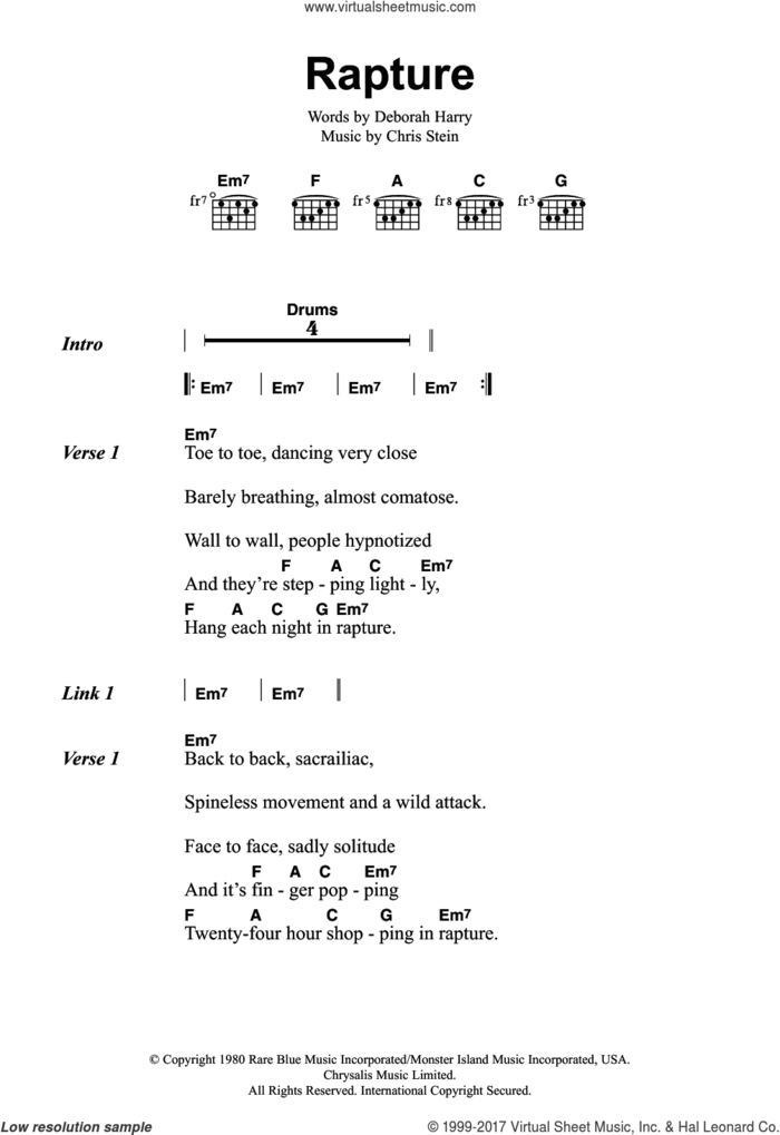 Rapture sheet music for guitar (chords) by Blondie, Chris Stein and Deborah Harry, intermediate skill level