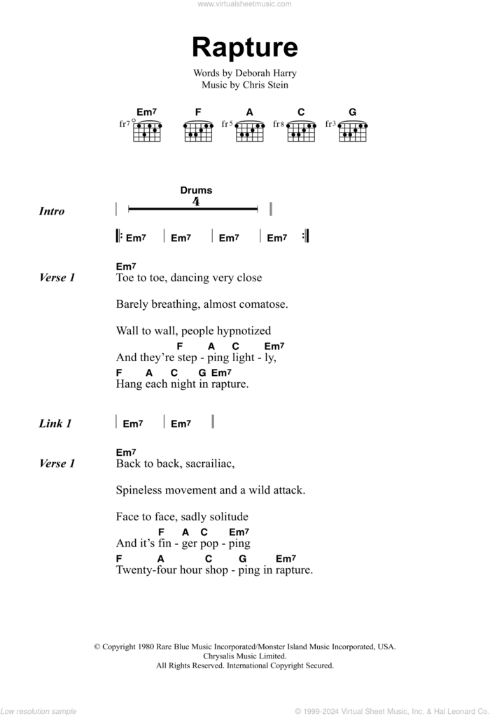 Rapture sheet music for guitar (chords) by Blondie, Chris Stein and Deborah Harry, intermediate skill level